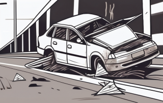 A crashed car abandoned on the side of the road with insurance papers fluttering in the wind nearby