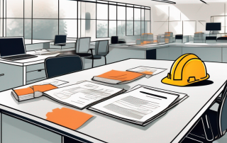 A workplace environment with highlighted safety equipment and insurance documents