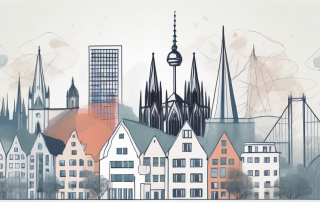 The cologne skyline with various insurance symbols like an umbrella
