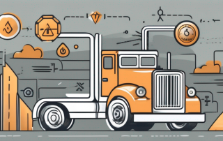 A truck on a road with various financial symbols and insurance icons hovering around it