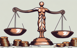 A balanced scale with a gavel on one side and a pile of coins on the other