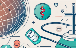A globe with different medical symbols like a stethoscope