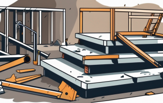 A construction site with various potential hazards like a fallen ladder