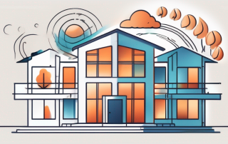 A residential building with different elemental symbols like fire