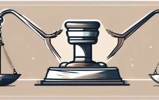 A balanced scale with a gavel on one side and a shield on the other