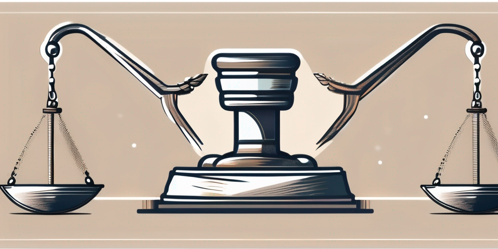 A balanced scale with a gavel on one side and a shield on the other