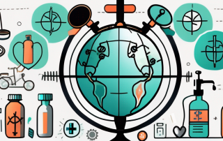 A globe with various medical symbols like a stethoscope