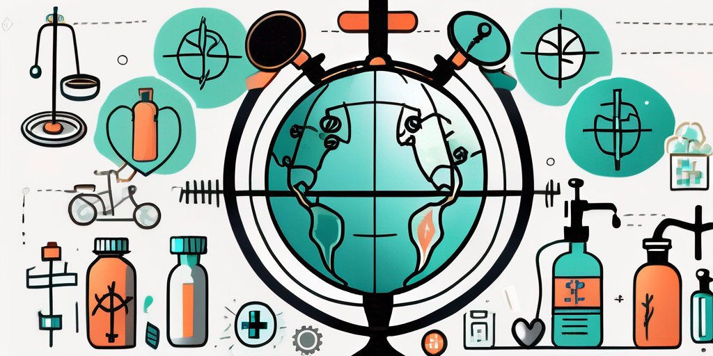 A globe with various medical symbols like a stethoscope