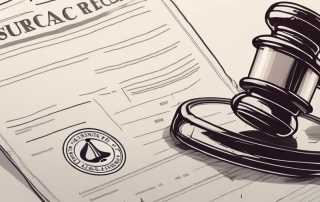 A broken crutch leaning against a document with an insurance policy seal