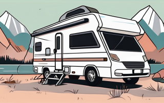 A motorhome parked in a scenic location with a keychain next to it