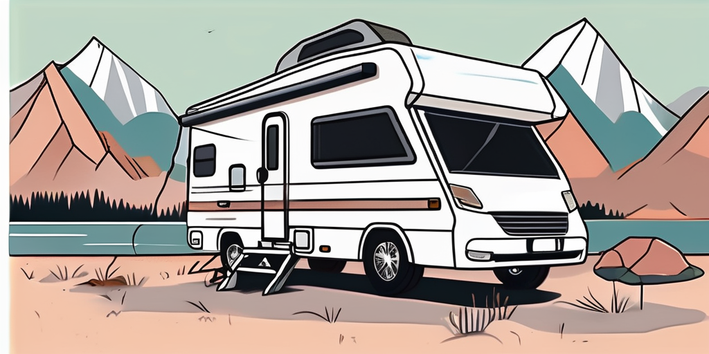 A motorhome parked in a scenic location with a keychain next to it