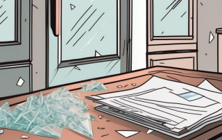 A broken oven door with shards of glass scattered around