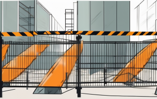 A construction site with safety barriers and signs