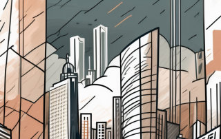 A war-torn cityscape with a protective shield symbolizing insurance coverage hovering above it