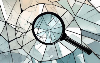 A shattered glass window with a magnifying glass hovering over it