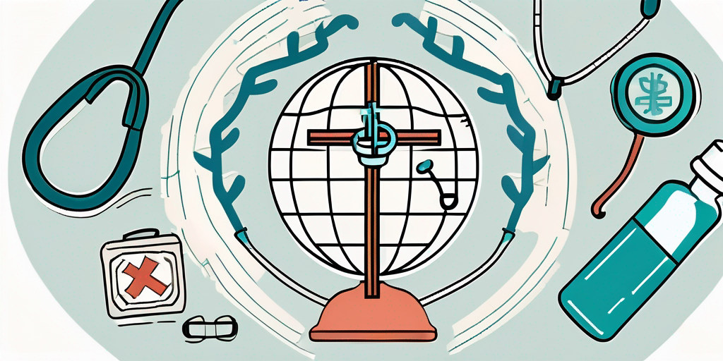 A globe with various medical symbols like a stethoscope