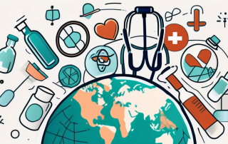 A globe with different health-related symbols like a stethoscope