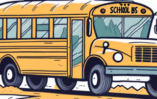 A school bus on a road trip with various travel icons like luggage