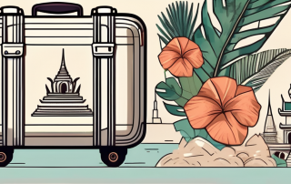 A travel suitcase adorned with thai landmarks like the grand palace and tropical beaches