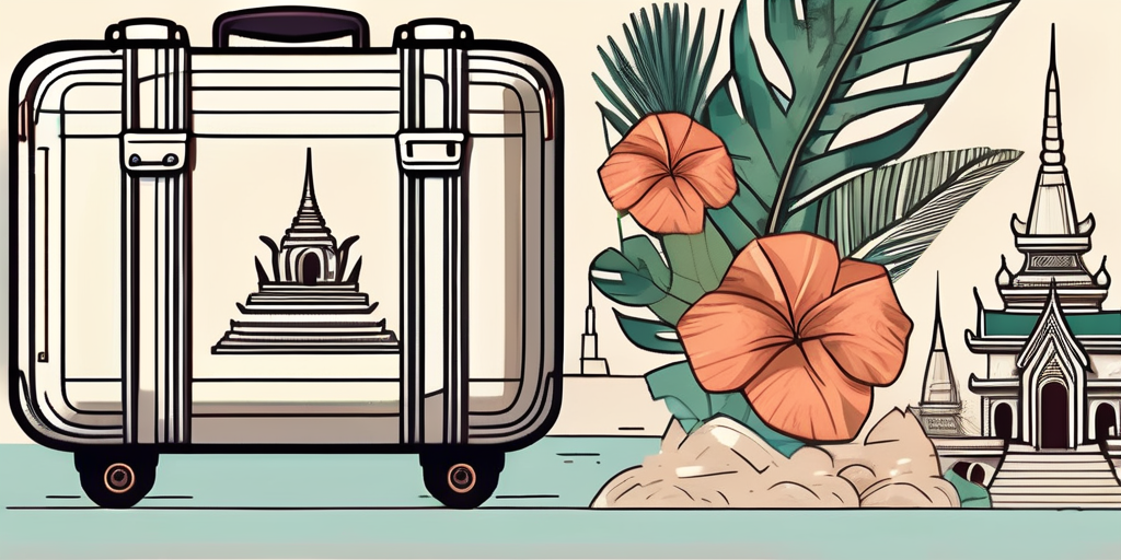 A travel suitcase adorned with thai landmarks like the grand palace and tropical beaches