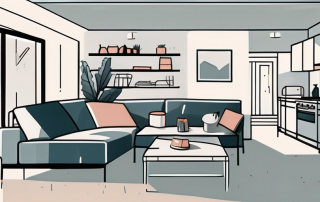 A 50 square meter apartment interior showing various household items like furniture
