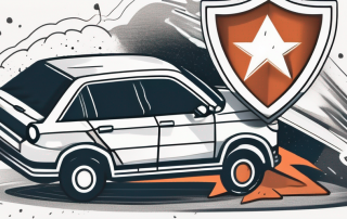 A car accident scene with a safety shield symbol hovering over it