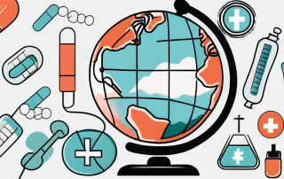 A globe with different medical symbols like a stethoscope