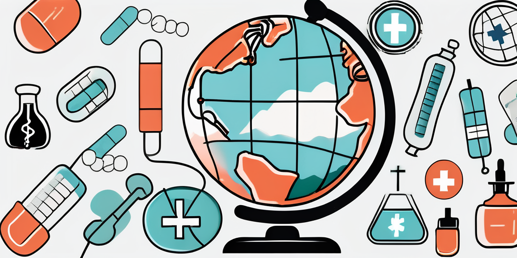 A globe with different medical symbols like a stethoscope
