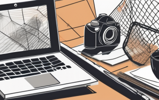A freelancer's workspace with scattered tools related to various professions (like a camera for a photographer