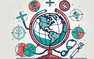 A globe with different medical symbols like a stethoscope