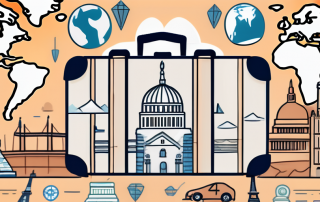 A suitcase adorned with global landmarks