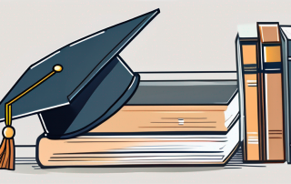 A stack of textbooks next to a graduation cap and a protective shield