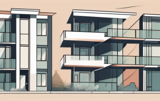 A residential apartment building with a large hourglass next to it