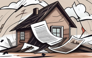 A stormy landscape with a damaged house and various insurance policy documents scattered around by the wind