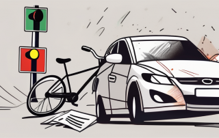 A broken bicycle next to a dented car