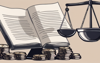 A balanced scale with legal documents on one side and a pile of coins on the other