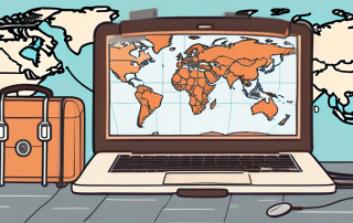 A laptop on a world map