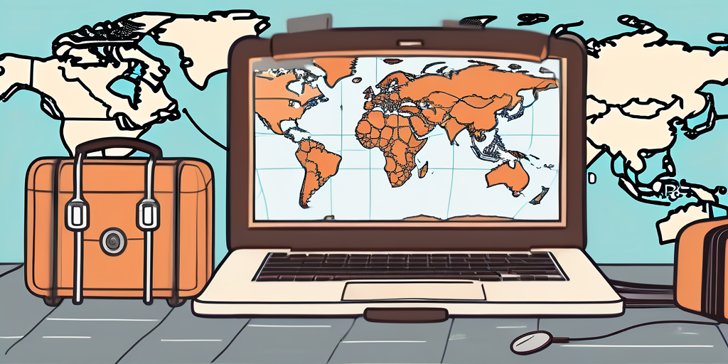 A laptop on a world map