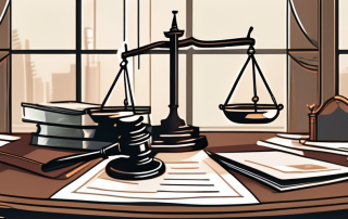 A balanced scale with a gavel on one side and a shield symbolizing protection on the other