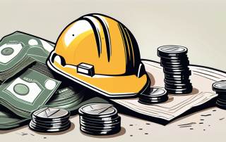 A german insurance policy document next to a pile of euro coins and a safety helmet