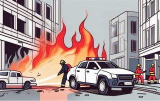 A car accident scene with a fire truck and a firefighter extinguishing a fire