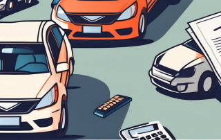 A car accident on a highway with insurance policy papers and a calculator in the foreground
