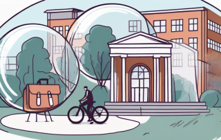 A university campus with various student belongings like a laptop