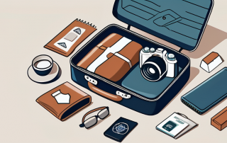A suitcase surrounded by various travel-related items like a passport