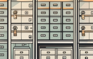 A safety deposit box with an insurance policy document and a key