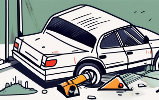 A car accident scene with a broken traffic signal and an insurance policy document lying on the ground nearby