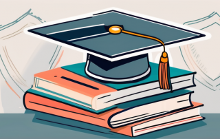 A stack of textbooks next to a graduation cap