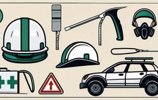 Various caution signs and safety equipment like a helmet