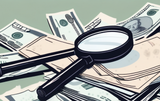 A magnifying glass hovering over a pile of bills and receipts