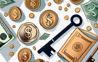 A key surrounded by various symbols of money (like coins and bills)